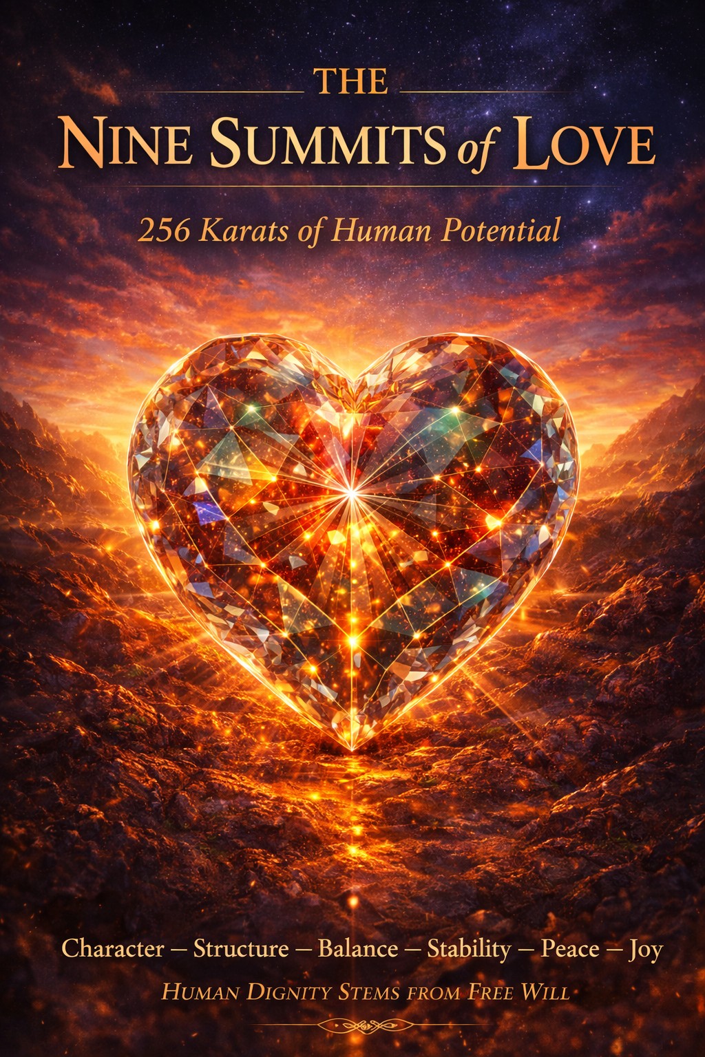 Back cover of The Nine Summits of Love showing the radiant diamond heart and the wider summit world.