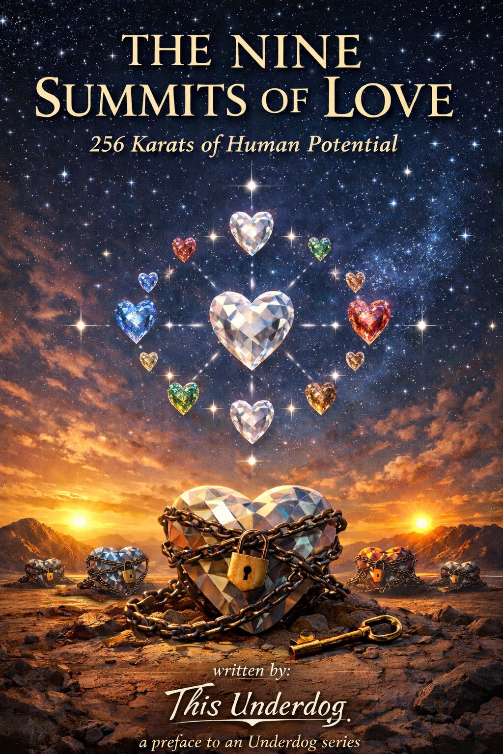Front cover of The Nine Summits of Love showing the locked diamond heart, chain, key, and mountain ascent.
